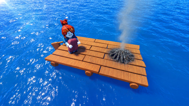 100 Days At Sea Roblox ocean survival thumbnail with raft and sea setting